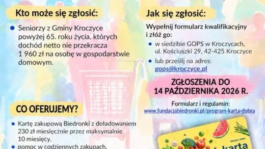 Karta Dobra 2026/2027. Seniorzy z gminy Kroczyce mogą otrzymać 230 zł miesięcznie na zakupy