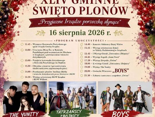 Boys, Tatrzańscy Zbójnicy i The Yunity. 16 sierpnia wielkie Święto Plonów w Irządzach