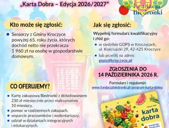 Karta Dobra 2026/2027. Seniorzy z gminy Kroczyce mogą otrzymać 230 zł miesięcznie na zakupy