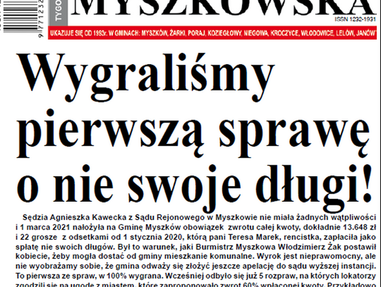 W piątek w Gazecie Myszkowskiej: WYGRALIŚMY! Myszków odda "cudze długi"