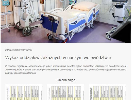 Wykaz oddziałów zakaźnych publikuje Urząd Wojewódzki