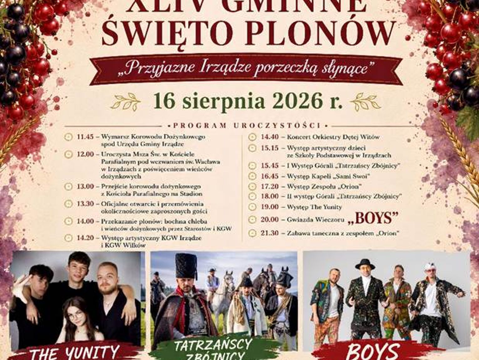 Boys, Tatrzańscy Zbójnicy i The Yunity. 16 sierpnia wielkie Święto Plonów w Irządzach
