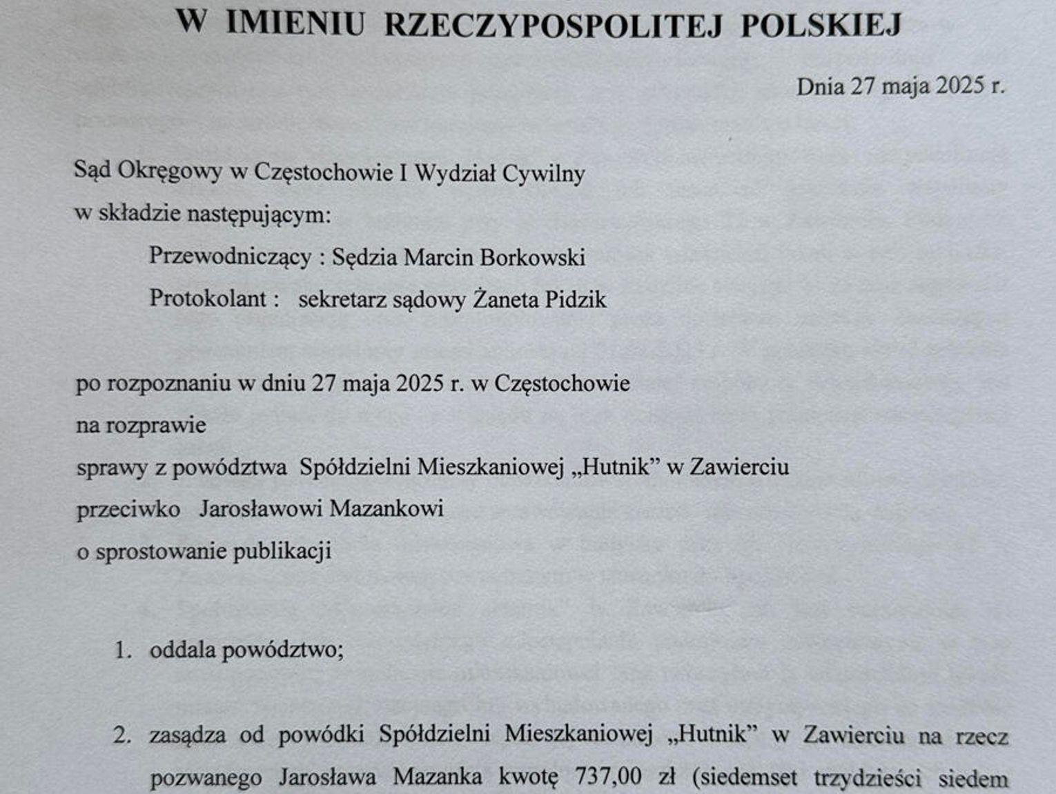JAK SPÓŁDZIELNIA HUTNIK TRWONI PIENIĄDZE. WŁAŚNIE PRZEGRAŁA PROCES WYTOCZONY REDAKCJI
