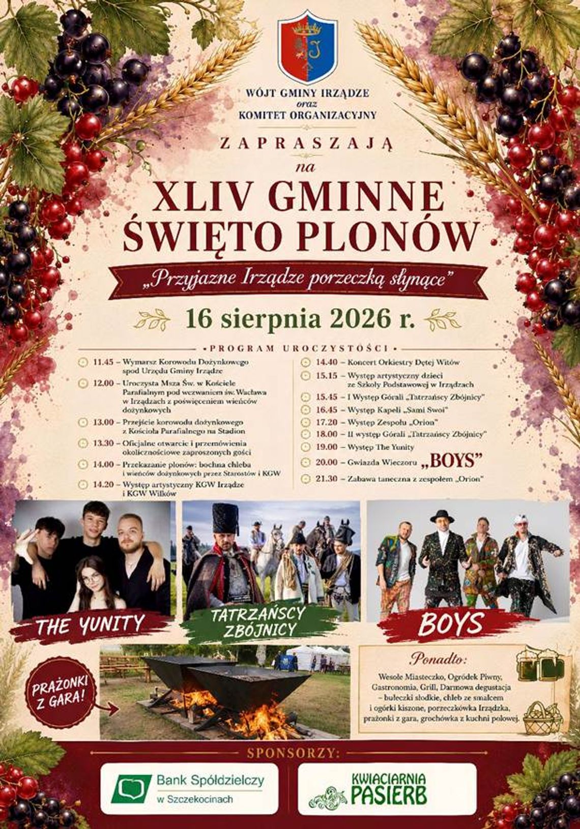 Boys, Tatrzańscy Zbójnicy i The Yunity. 16 sierpnia wielkie Święto Plonów w Irządzach Boys, Tatrzańscy Zbójnicy i The Yunity. 16 sierpnia wielkie Święto Plonów w Irządzach