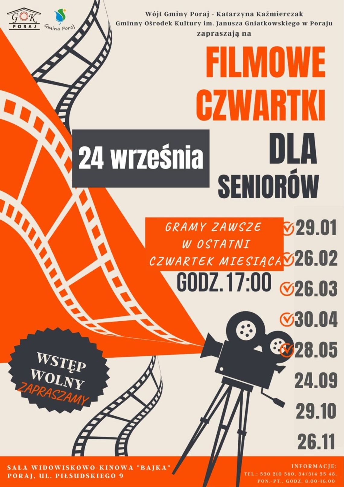 „Filmowe Czwartki dla Seniorów” wracają do kina Bajka w Poraju „Filmowe Czwartki dla Seniorów” wracają do kina Bajka w Poraju