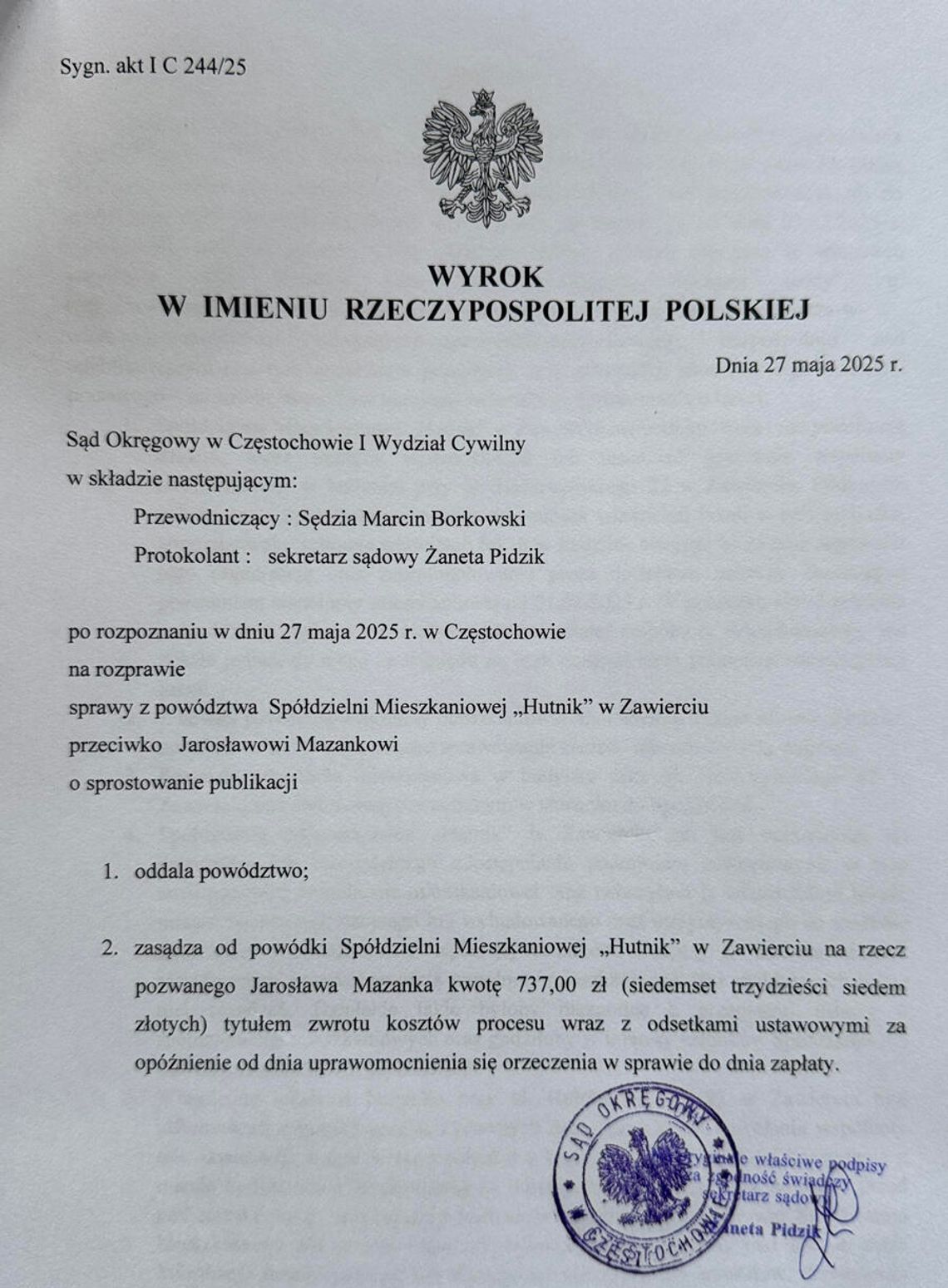 JAK SPÓŁDZIELNIA HUTNIK TRWONI PIENIĄDZE. WŁAŚNIE PRZEGRAŁA PROCES WYTOCZONY REDAKCJI