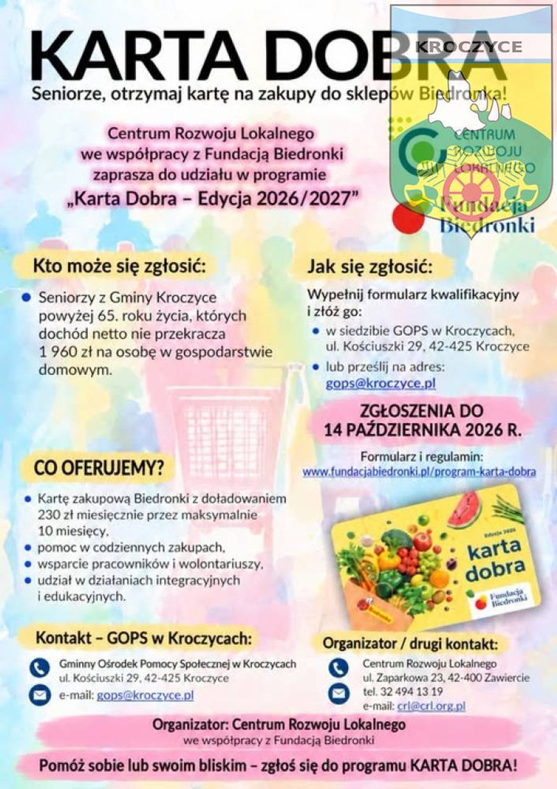 Karta Dobra 2026/2027. Seniorzy z gminy Kroczyce mogą otrzymać 230 zł miesięcznie na zakupy