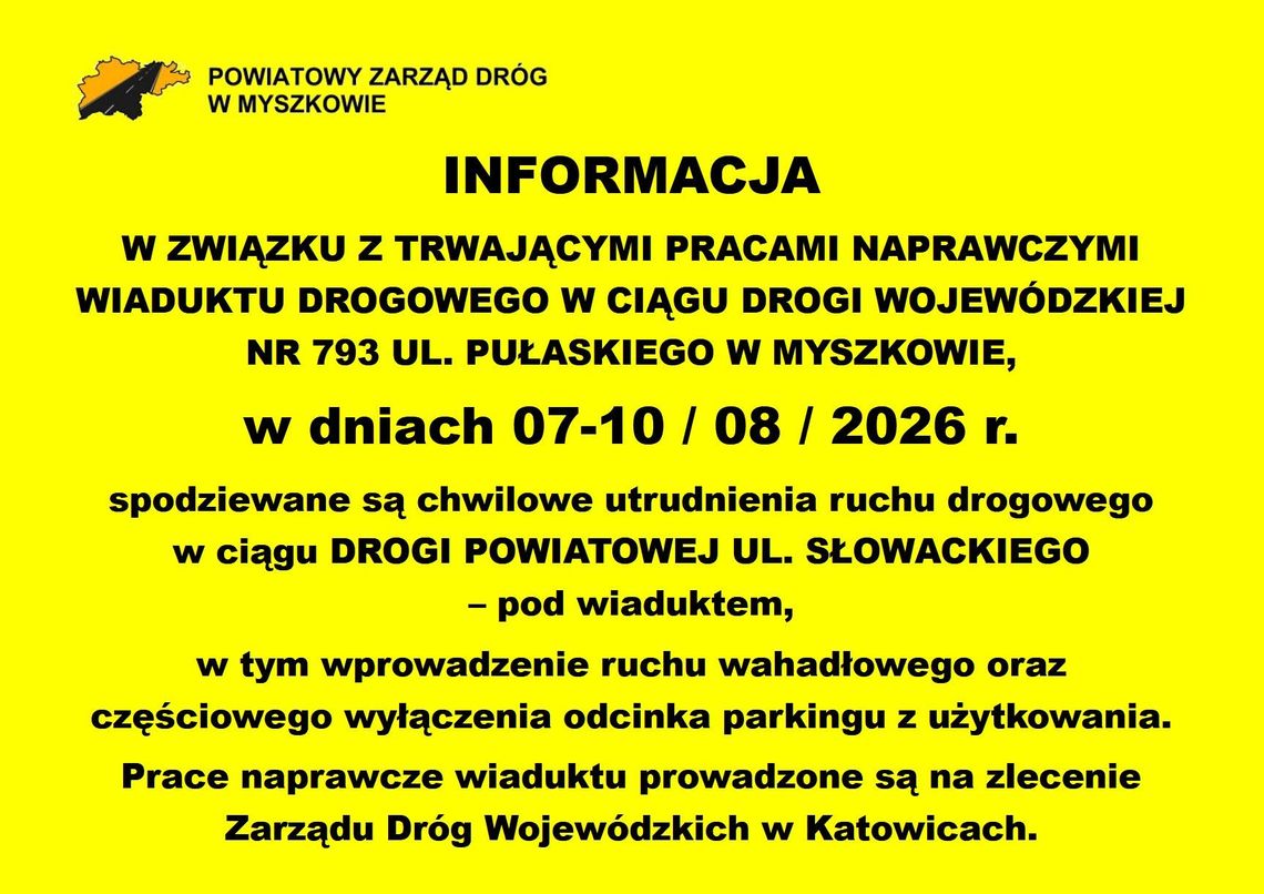 Myszków. Utrudnienia pod wiaduktem na Słowackiego. Część parkingu wyłączona z użytkowania Myszków. Utrudnienia pod wiaduktem na Słowackiego. Część parkingu wyłączona z użytkowania