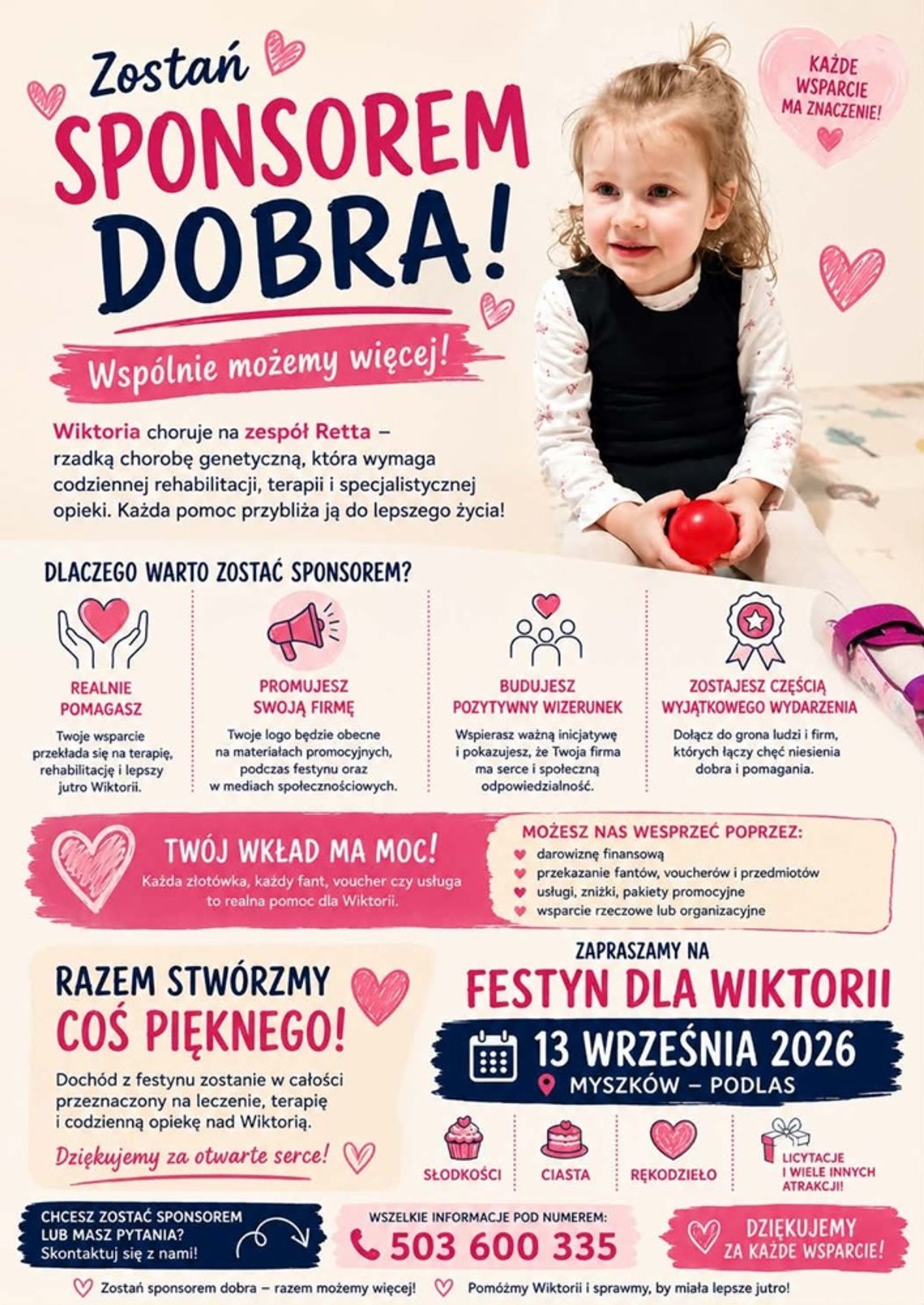 Pomóżmy Wiktorii w walce z Zespołem Retta. Festyn charytatywny w Myszkowie szuka wolontariuszy i sponsorów