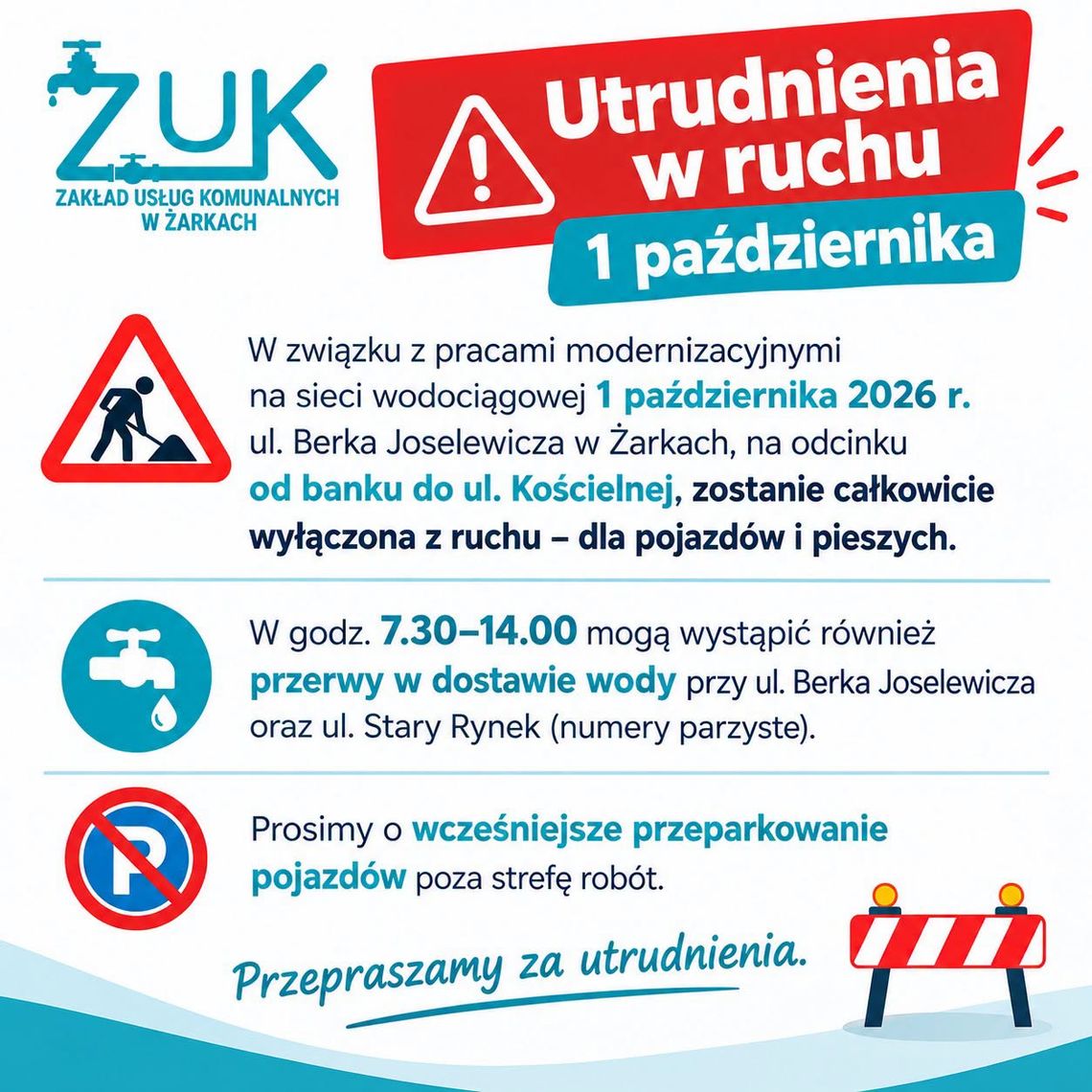 W Żarkach zamkną fragment ulicy, możliwe przerwy w dostawie wody